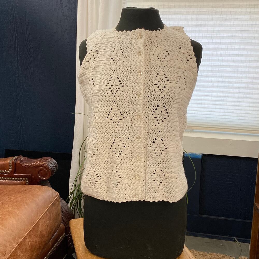 Handknit Ivory Crochet Button Front Vest‎ Sweet!